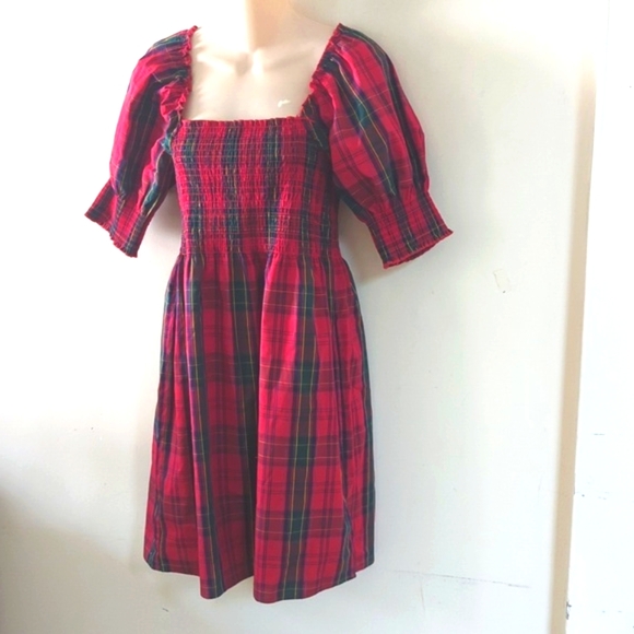 Nicole Miller Red Smocked Tartan Plaid Puff Sleeve Dress S - Picture 2 of 16